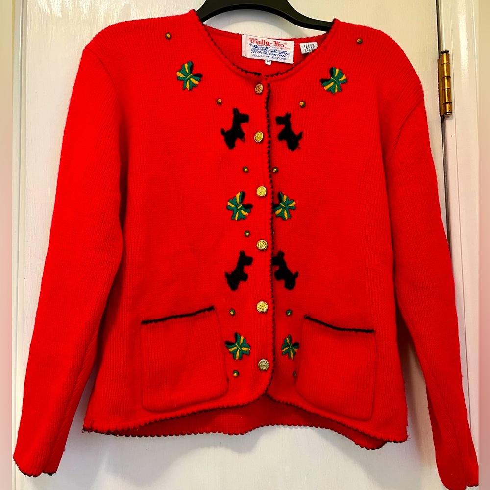 Vintage 70s Scotty Dog Embroidered Red Cardigan Sweater Acrylic Knit Size Medium